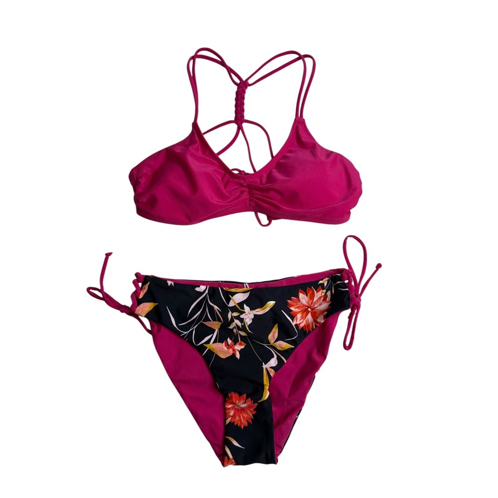 Cupshe NWT Hot Pink & Floral Bikini Set Braided Back Ruched Side Tie‎ Small S